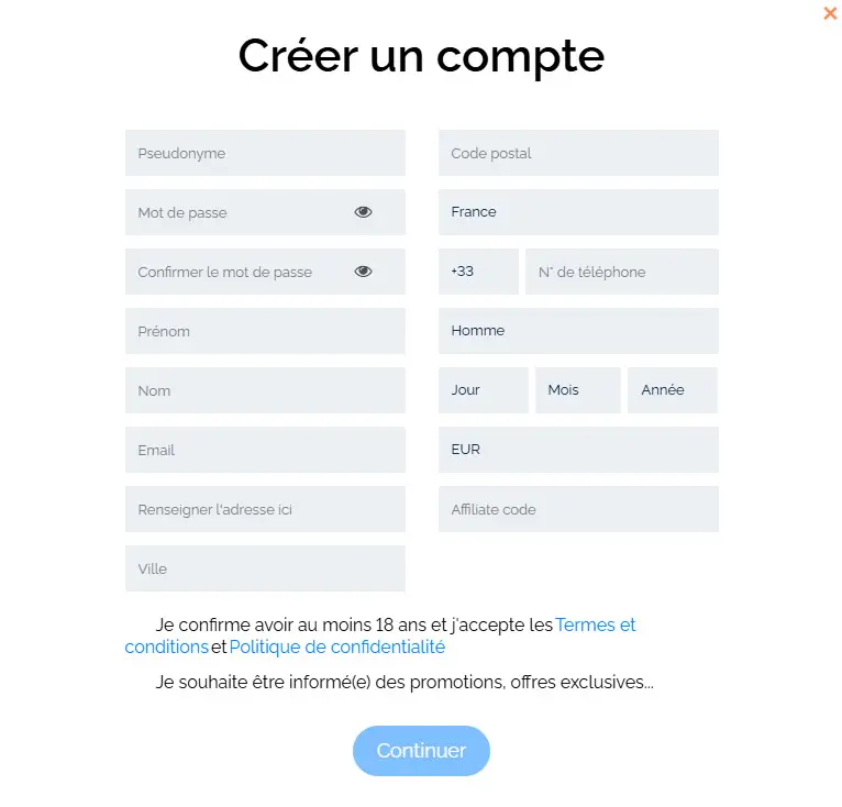 Processus d'inscription Lucky8 Casino